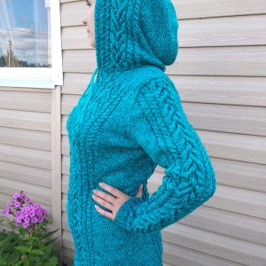 Knitted warm oversized sweatshirt with a hood, green hand knitted long sweater.