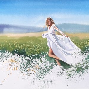 In a white dress on a blooming meadow – Original watercolor