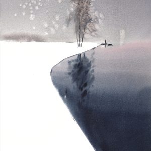 White snow, gray sky, black water – Original watercolor