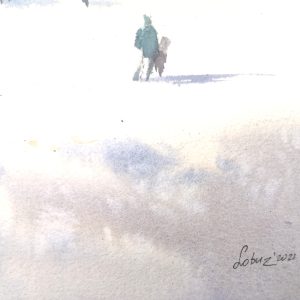 Skating on a bright winter day – Original watercolor