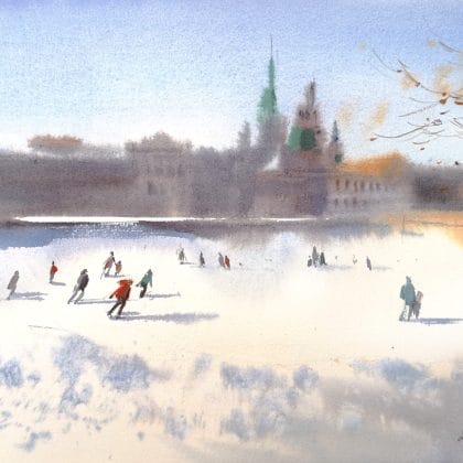 Skating on a bright winter day - Original watercolor