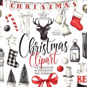 Сhristmas clipart. Happy holidays winter watercolor. Hand Painted