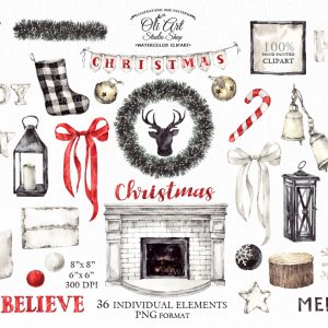Сhristmas clipart. Happy holidays winter watercolor. Hand Painted