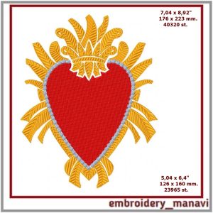 Machine embroidery design heart with crown in fiery frame.
