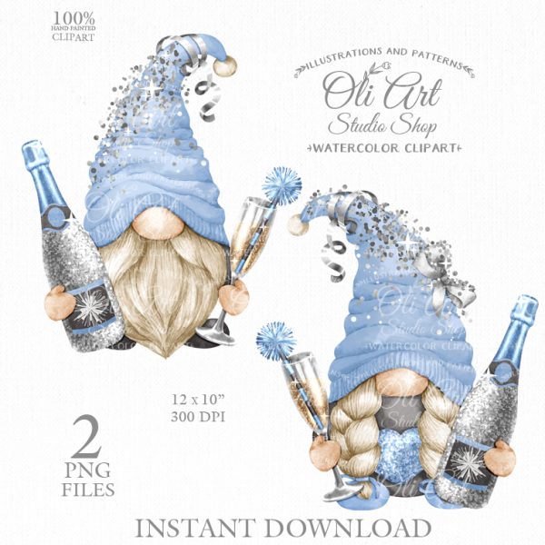 Happy New Year & gnomes with glitter and champagne