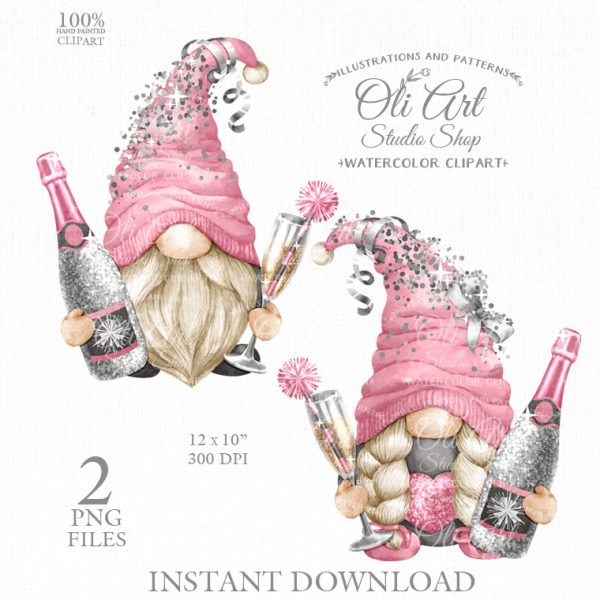 Happy New Year & gnomes with glitter and champagne