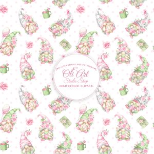 Gnomes with pink flowers. Mother’s Day seamless patterns.