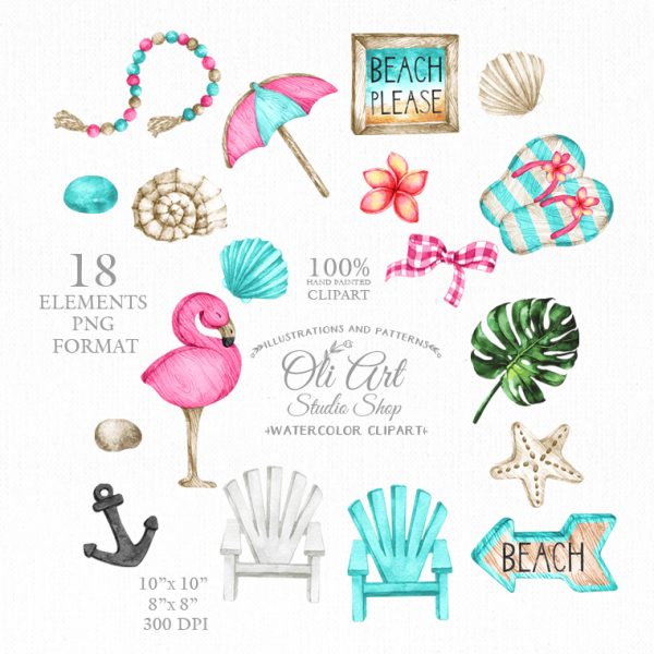 Watercolor decor clipart, summer, beach, flamingo, summer