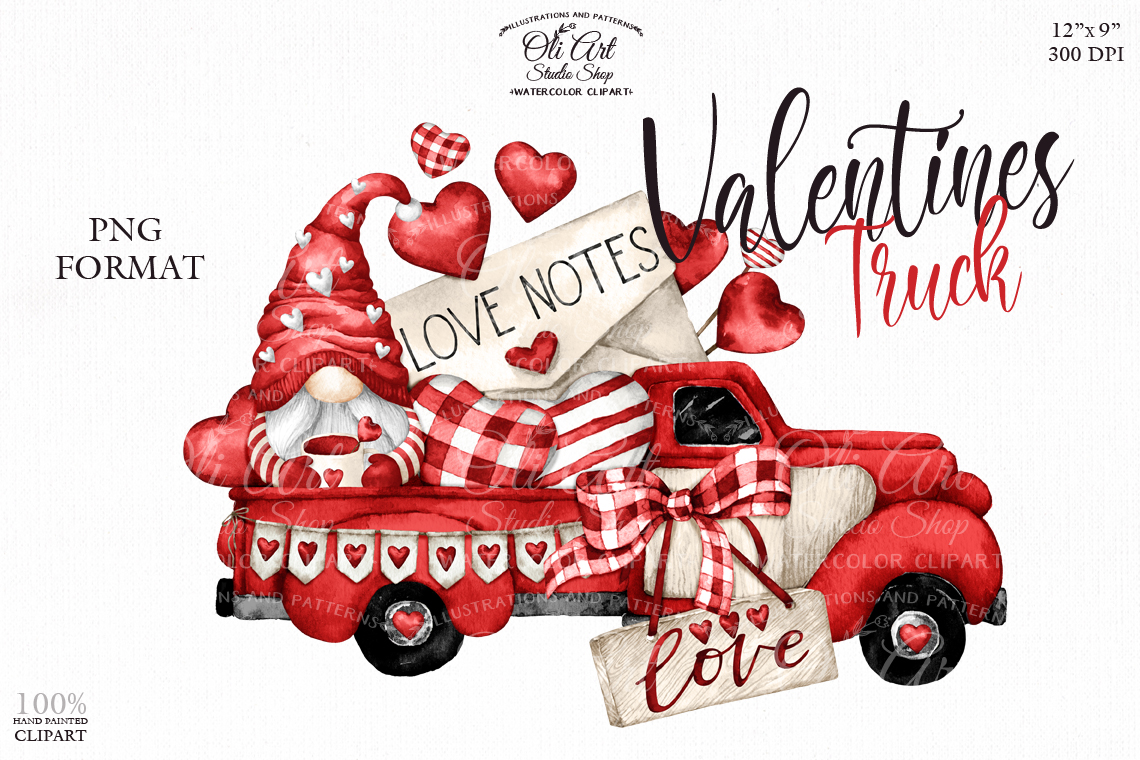 Watercolor Valentine's Day clipart, red Truck, Gnome - Crealandia