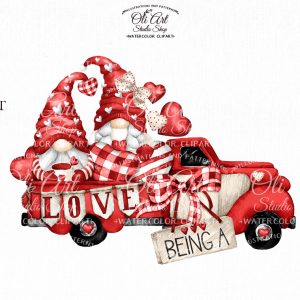 Watercolor Valentine’s Day clipart, Red Truck, Gnomes being a