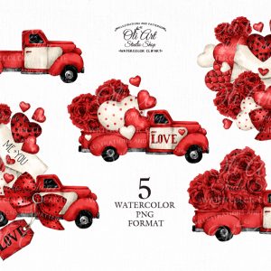 Watercolor Valentine’s Day clipart, Vintage Red Truck, Hearts