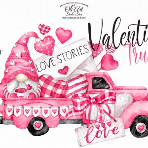 Watercolor Valentine’s Day clipart, Gnomes, Vintage pink Truck