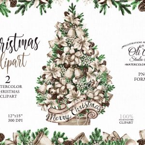 Сhristmas Watercolor clipart. Christmas Tree, frame. Hand Painted