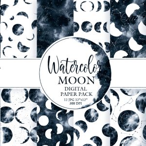 Watercolor moon phases art. Hand painted clipart. moon dark blue
