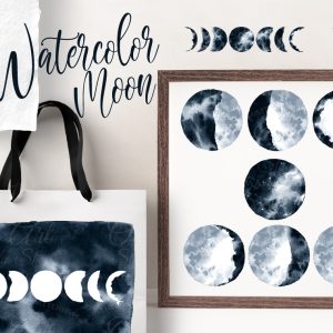 Watercolor moon phases art. Hand painted clipart moon dark blue