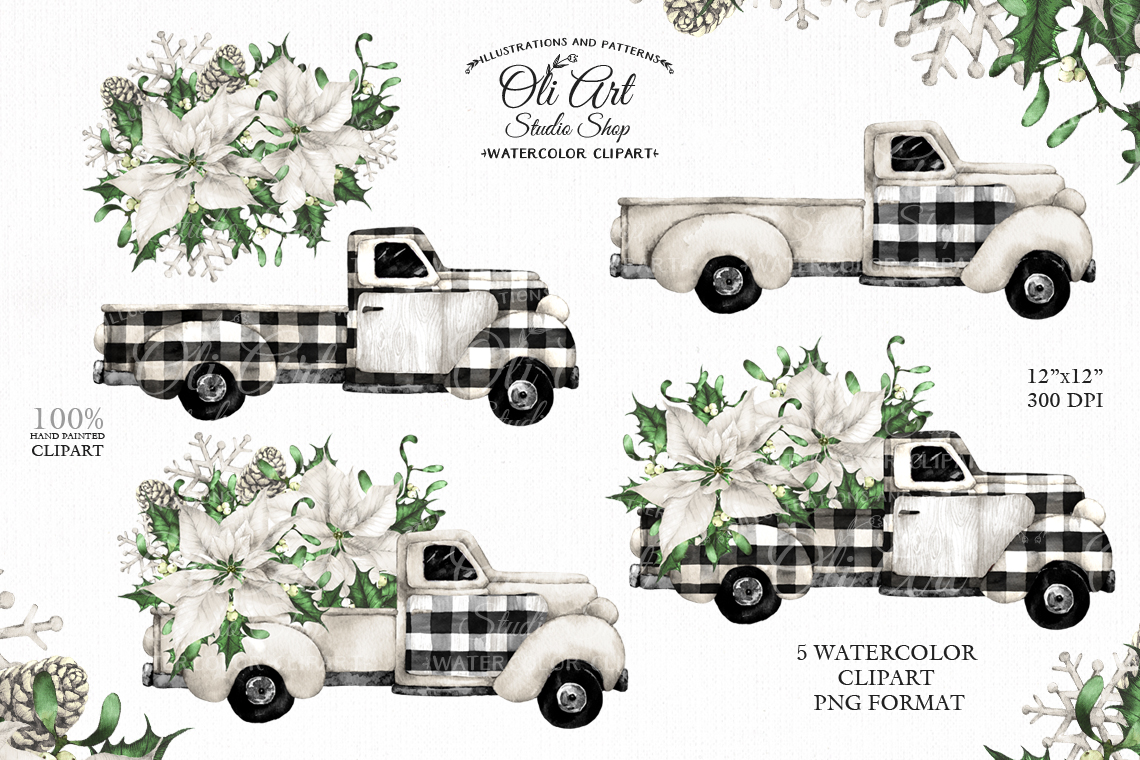 Watercolor Christmas Truck Clipart. Rustic Clip Art Winter Flowers 2 Watercolor Christmas Truck Clipart. Rustic Clip Art Winter Flowers - Image 2