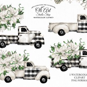Watercolor Christmas Truck Clipart. Rustic Clip Art Winter Flowers