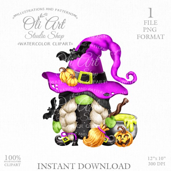 Gnome Witch and Bats. Witch hat. Halloween clipart