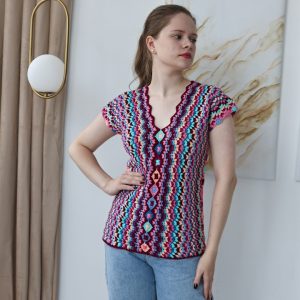 crocheted multicolored T-shirt in the style of “Granny Square”