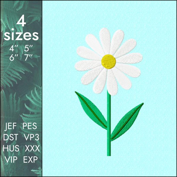 Chamomile Embroidery Design, spring flower stem file dst, 4 sizes