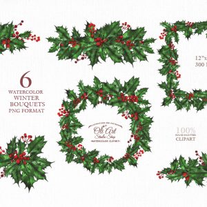 Watercolor Christmas Clipart. Christmas Hand Painted