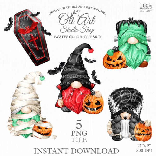 Halloween Clipart. Gnomes Dracula, Mummy, Bride of Frankenstein