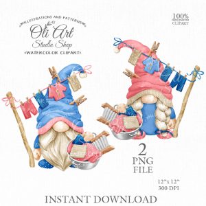 Laundry gnome Digital clipart png, сute characters blue pink