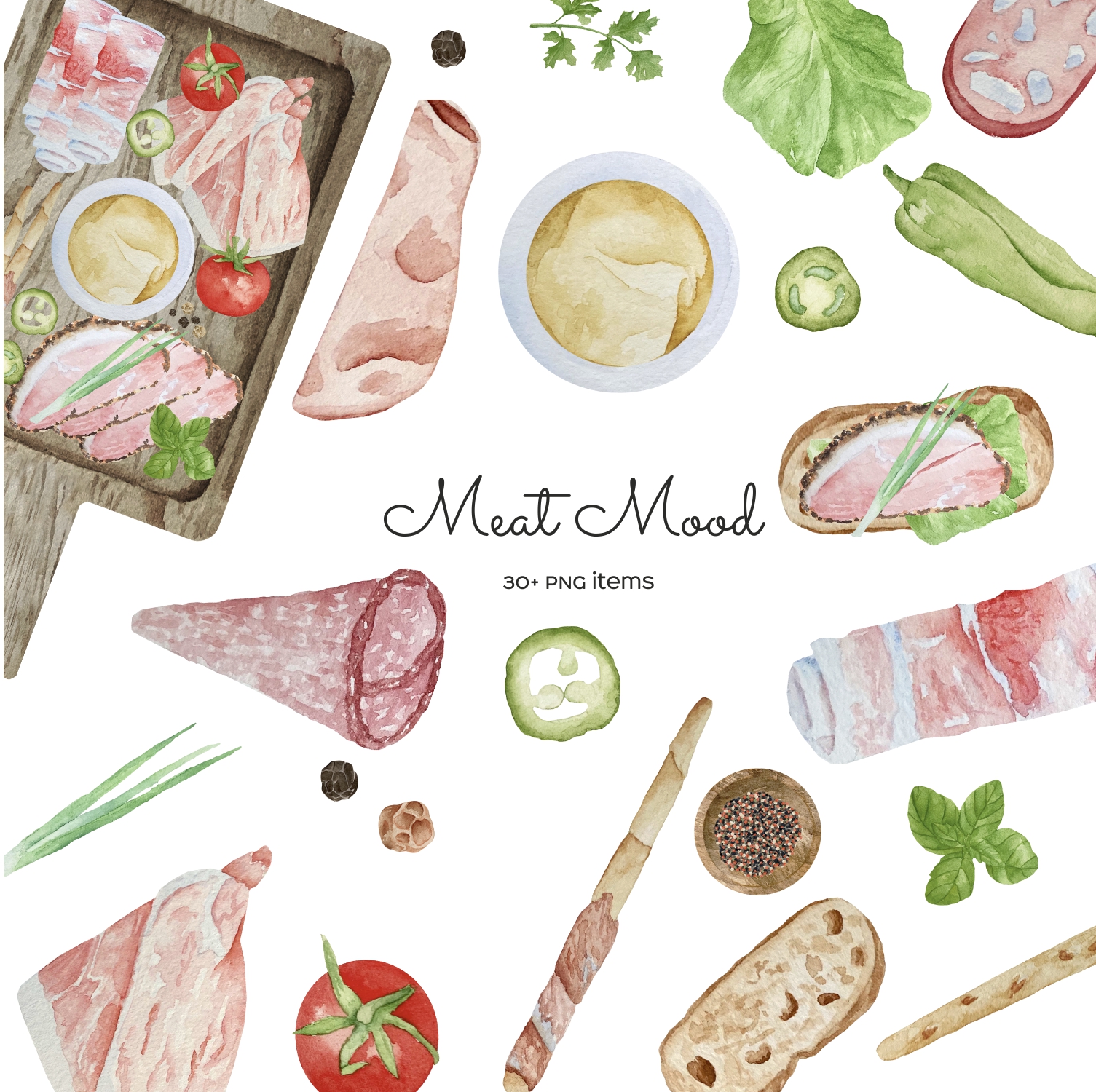 Watercolor Charcuteri Clipart. Sausage and Meat plate clipart 1 Watercolor Charcuteri Clipart