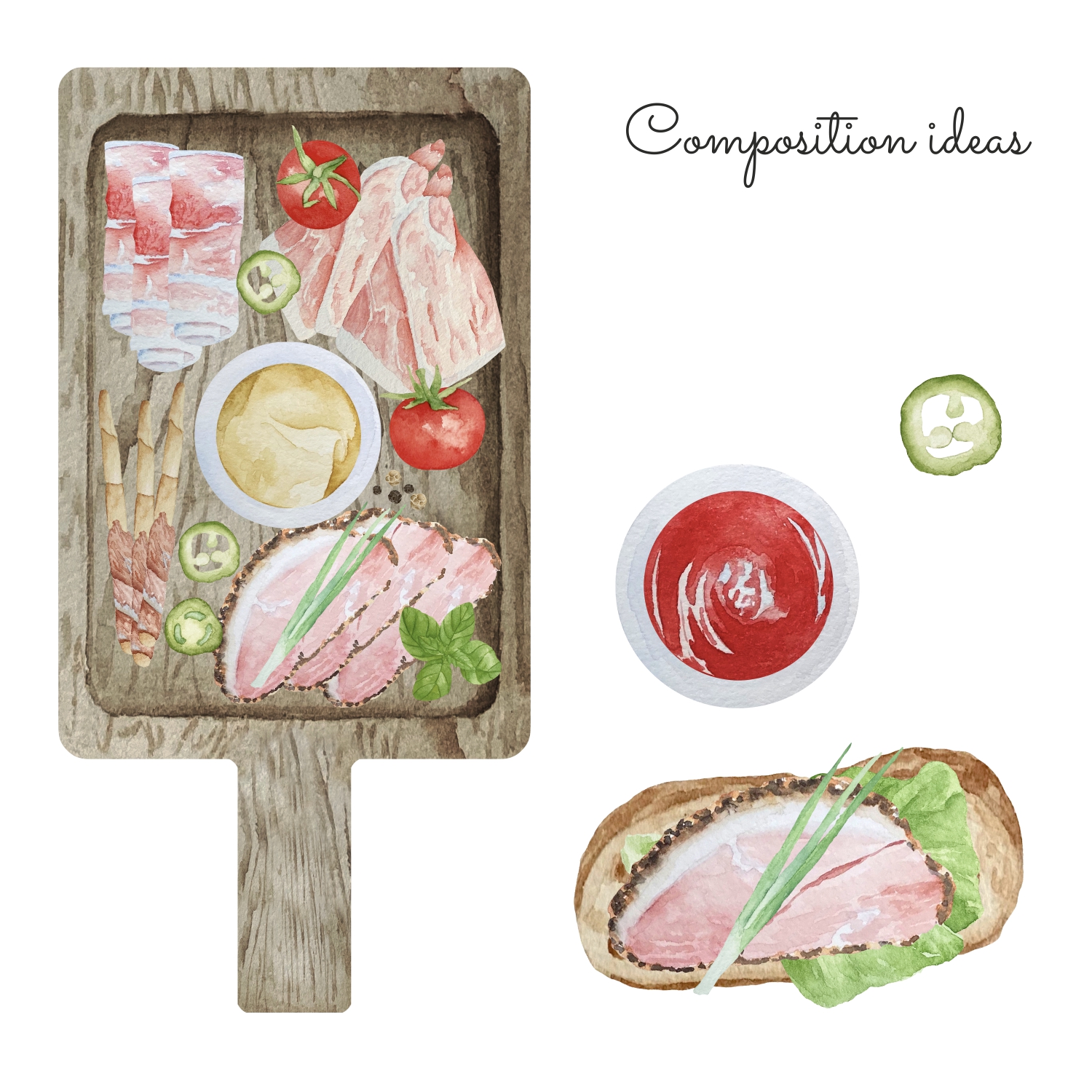 Watercolor Charcuteri Clipart. Sausage and Meat plate clipart 5 Watercolor Charcuteri Clipart meat composition