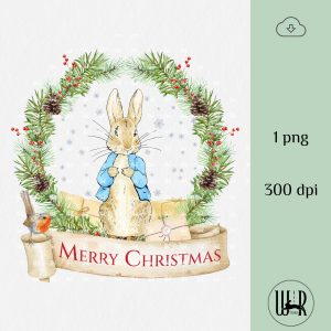 Home 982 Peter Rabbit Christmas Wreath | Merry Christmas 10 in | Watercolor PNG