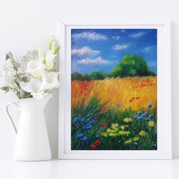 Wheat Field Painting 8*12" Cornflowers Acrylic Art Yalozik