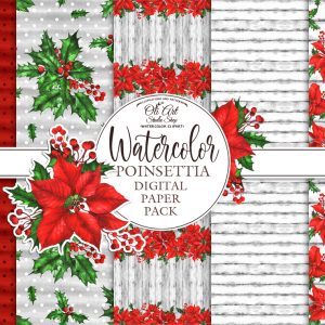 Christmas digital paper pack. Watercolor poinsettia patterns