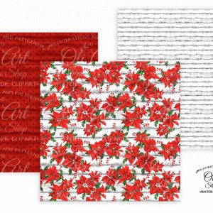 Christmas digital paper pack. Watercolor poinsettia patterns