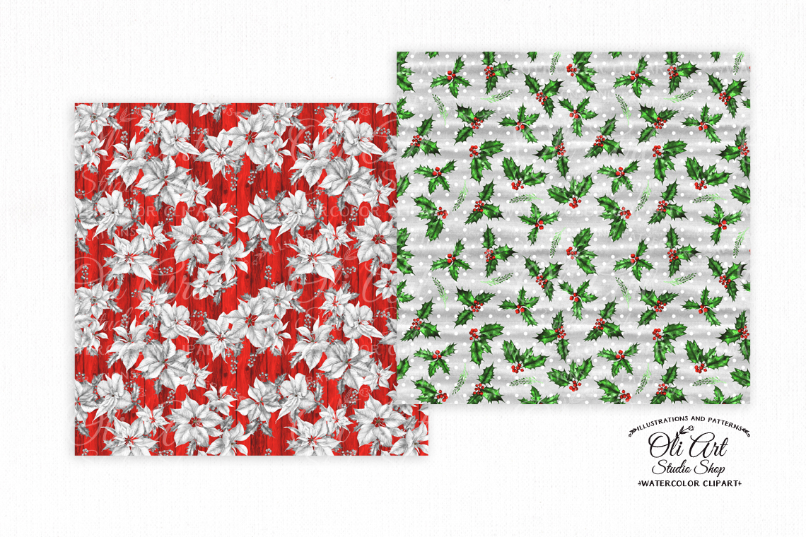 Christmas digital paper pack. Watercolor poinsettia 3 Christmas digital paper pack. Watercolor poinsettia - Image 3