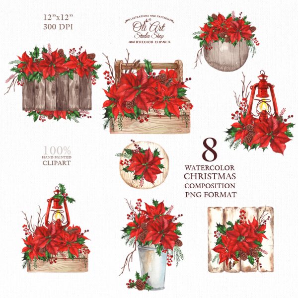 Watercolor Christmas Clipart. Rustic Clip Art Winter Flowers