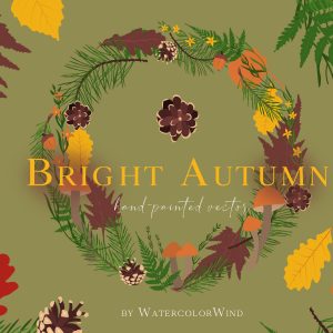 Fall vector leaves clip art set with pine branches and mushrooms