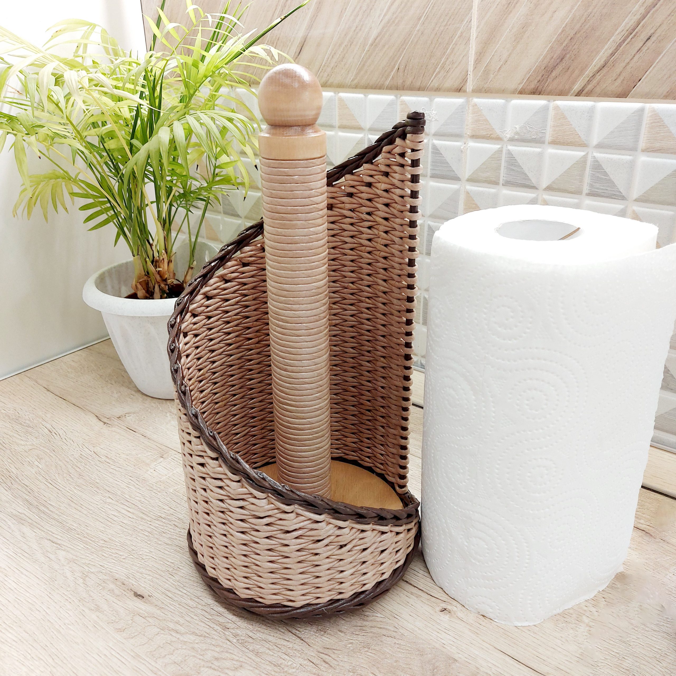 Wicker paper towel holder standing for rustic kitchen decor