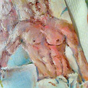 aceo gay art original, sexy body man, jeans, modern painting oil aceo