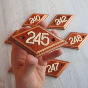 Apartment number plate 245 – wooden rhomb address door number sign vintage