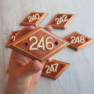 Apartment number plate 246 – wooden rhomb address door number sign vintage