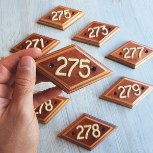 Wooden rhomb door number plate 275 – address apartment number sign vintage