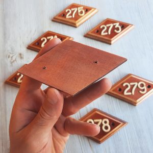 Wooden rhomb door number plate 277 – address apartment number sign vintage