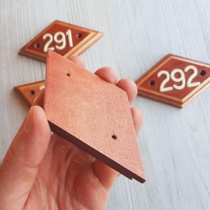 Wooden rhomb address number plate 290 – vintage apartment door number sign