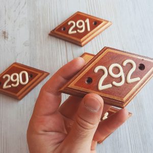 Wooden rhomb address number plate 292 – vintage apartment door number sign