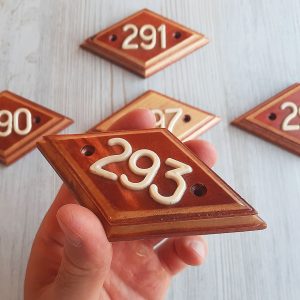 Wooden rhomb address number plate 293 – vintage apartment door number sign