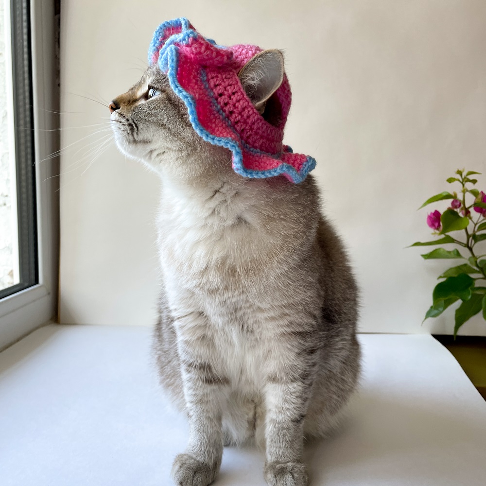 Cat hat with bow. Cat summer hat. Crochet pattern.