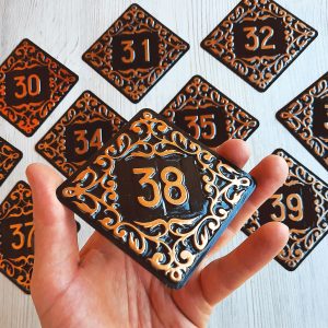 Apartment door number sign 38 – vintage black brass decorative address plate