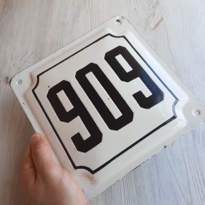 Old enamel metal house address number plaque 909 – Soviet street number sign vintage