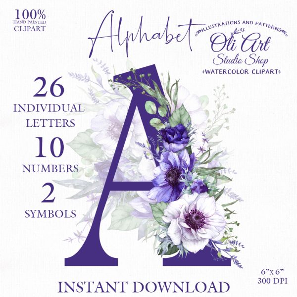 Alphabet. Anemone Flowers. Letters, Numbers. Hand Drawn graphics.