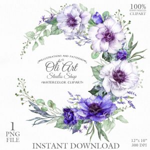 Anemone Flowers Wreath Clipart Digital Clipart Hand Drawn Graphics